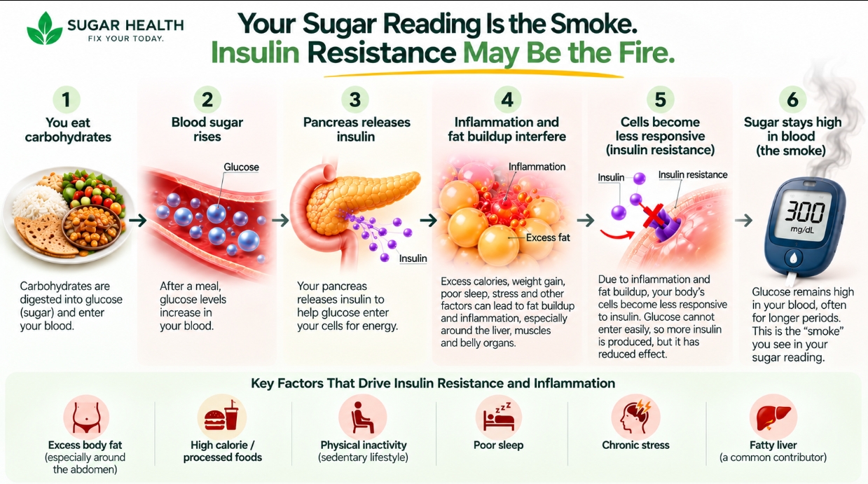 Your sugar reading is the smoke. Insulin resistance may be the fire.